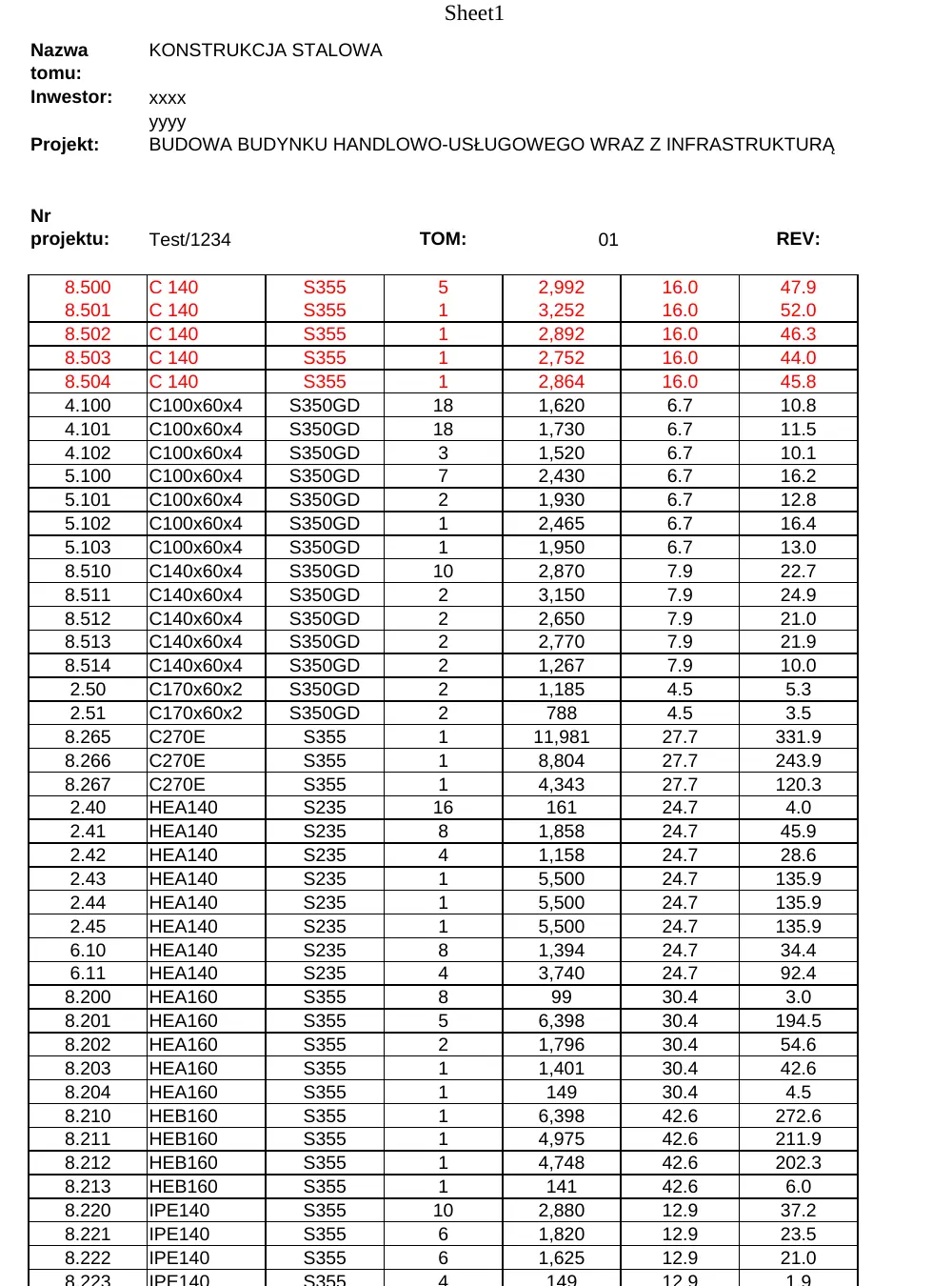 Przykładowy plik Excel z listą pozycji stalowych przed importem do Stal Plan
